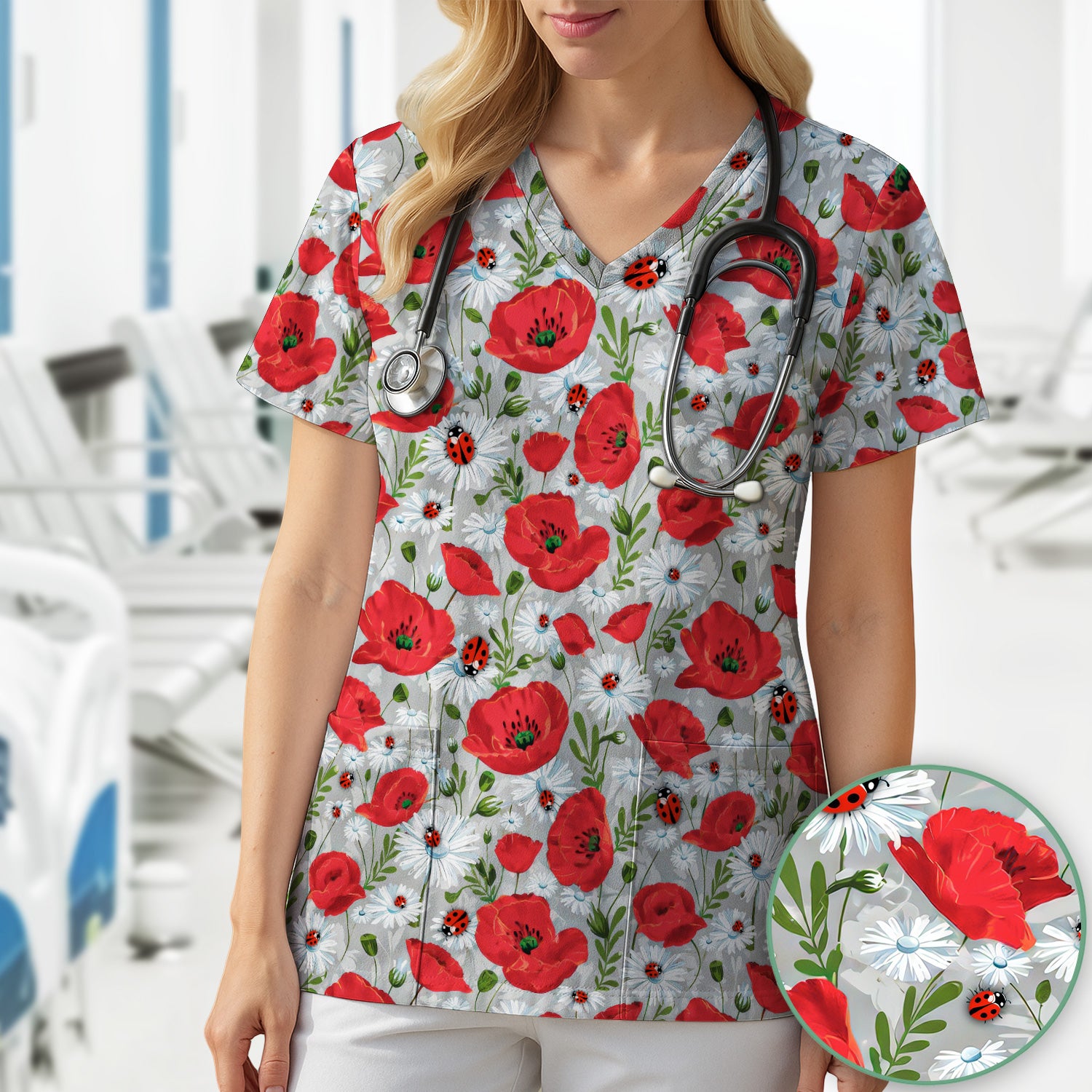 Cute Red Poppy Daisy Ladybug Floral Print Scrub Top, Comfortable Scrubs for Nurses