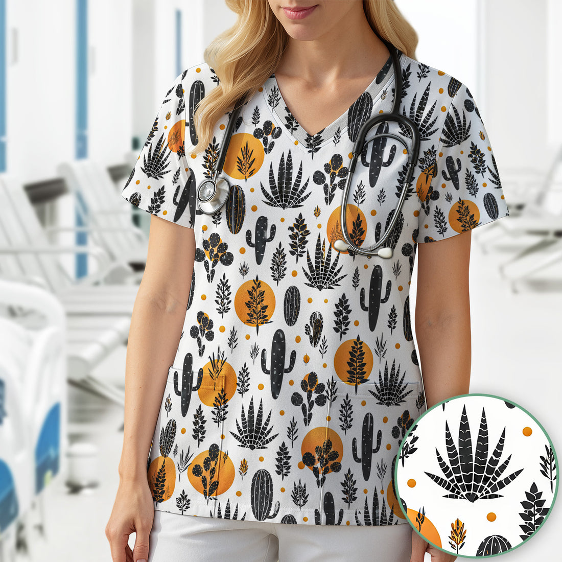Desert Cactus Orange Sun Pattern Scrub Top, Comfortable Scrubs for Nurses