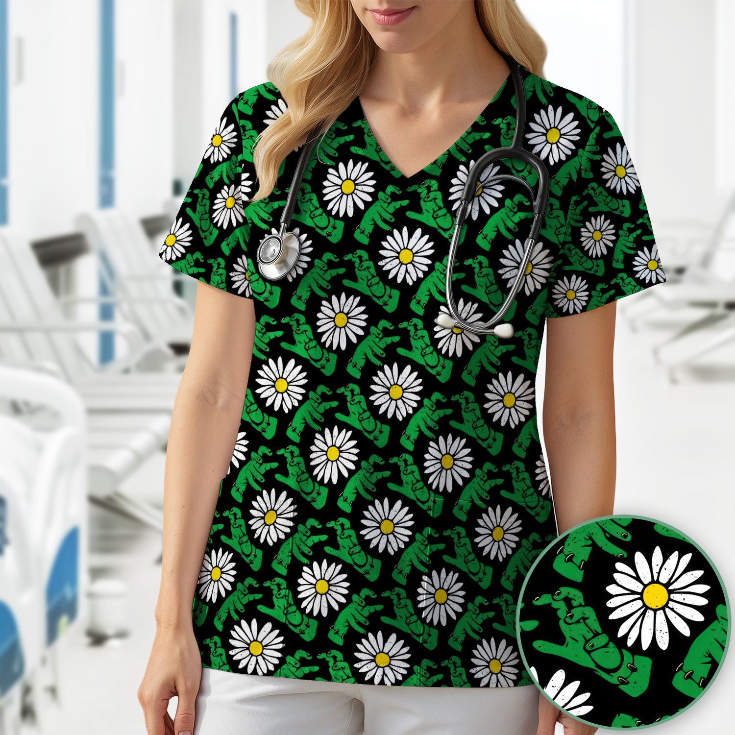 Halloween Monster And Daisies Scrub Top, Comfortable Scrubs for Nurses