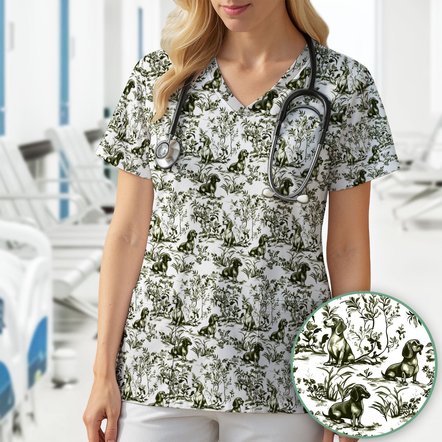 Toile de Jouy Dog Scrub Top – Elegant Blue Dachshund Pattern – Cute Medical Uniform for Nurses, Vets, and Animal Care Workers