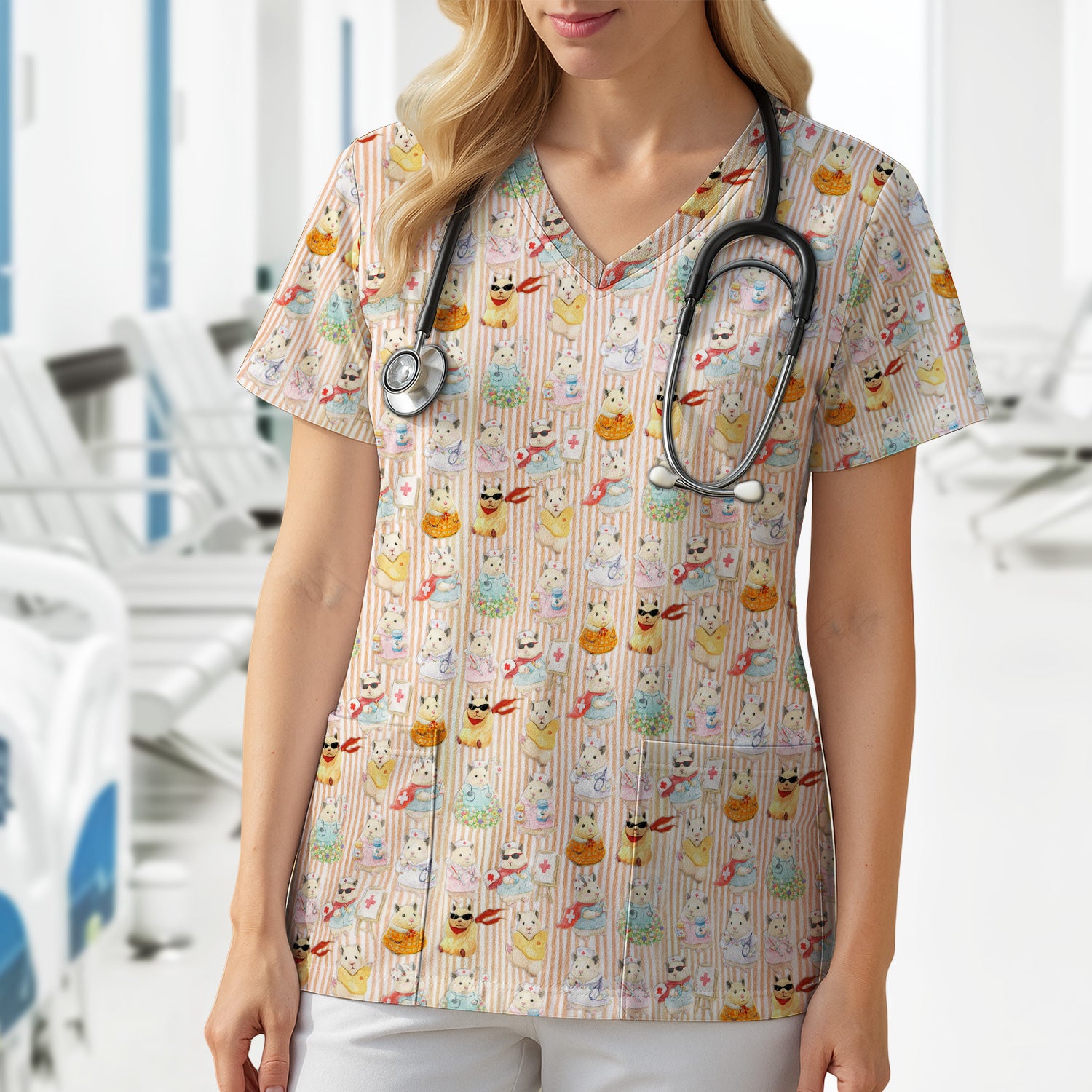 Cute Nurse Hamster Pattern Scrubs Top, Comfortable Scrubs for Nurses