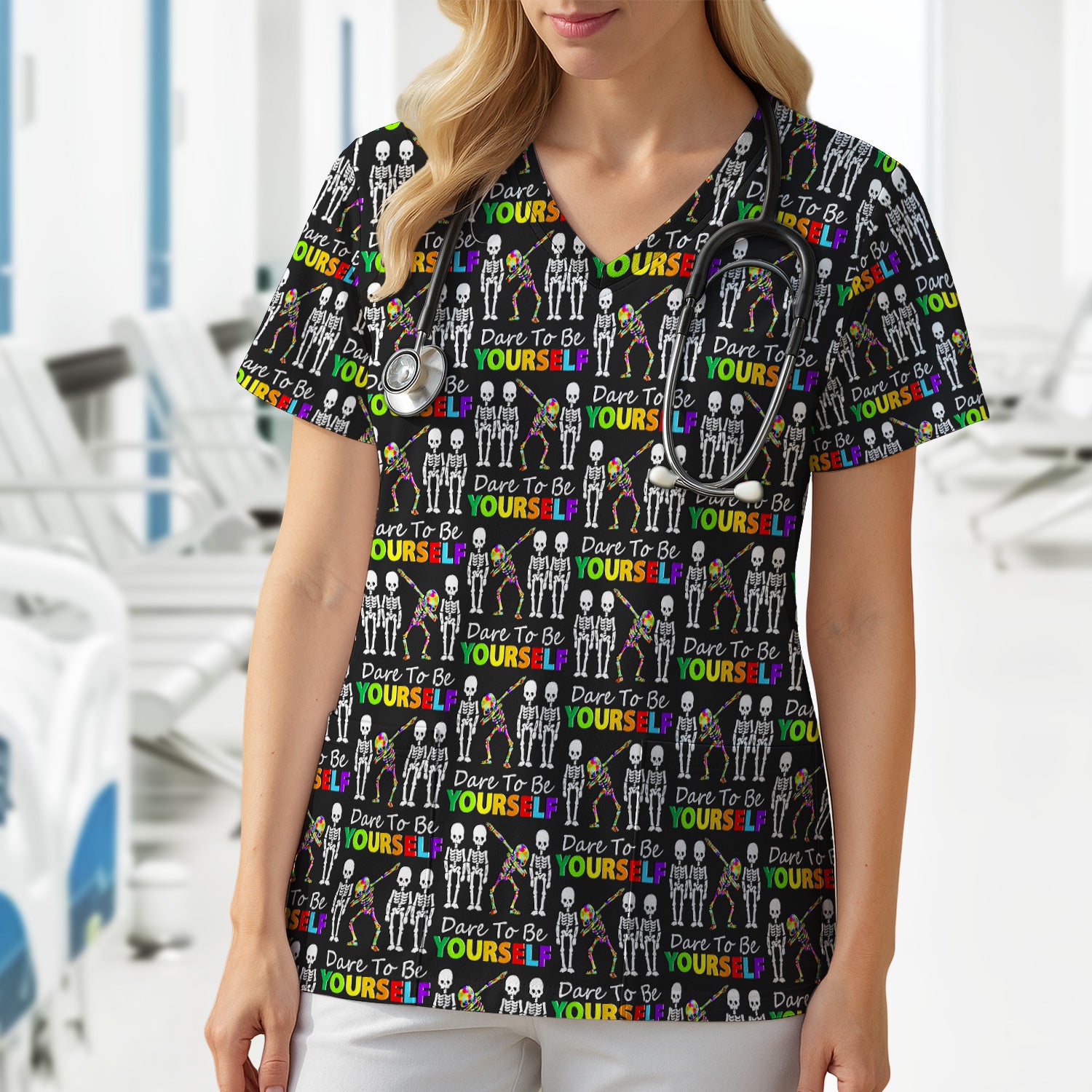 Rainbow Skeleton Dare To Be Yourself Pattern Scrubs Top, Comfortable Scrubs for Nurses