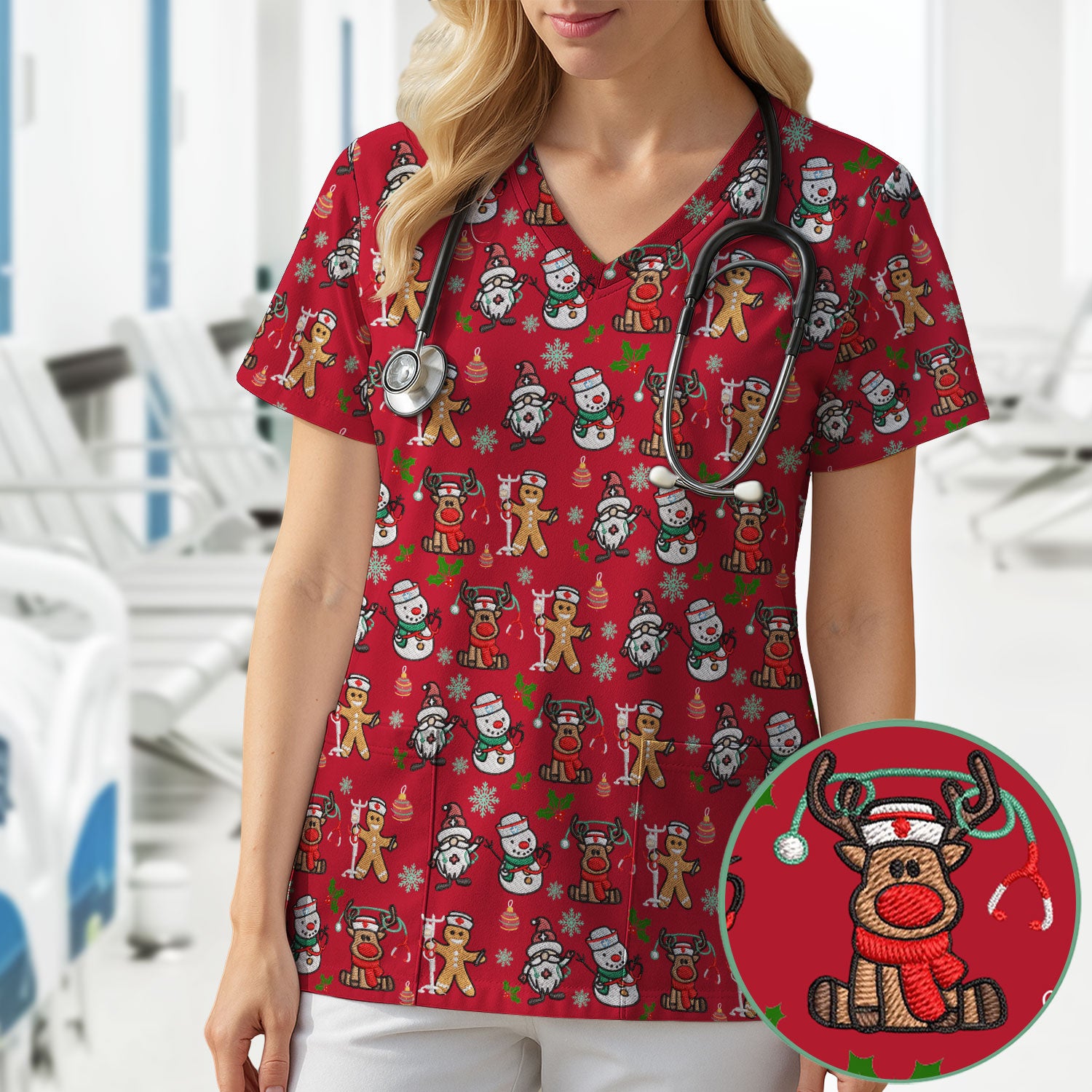 Reindeer Xmas Scrubs for Women - Gingerbread Cookies Shirts - Comfortable Scrubs for Nurses - Breathable Nursing Uniform