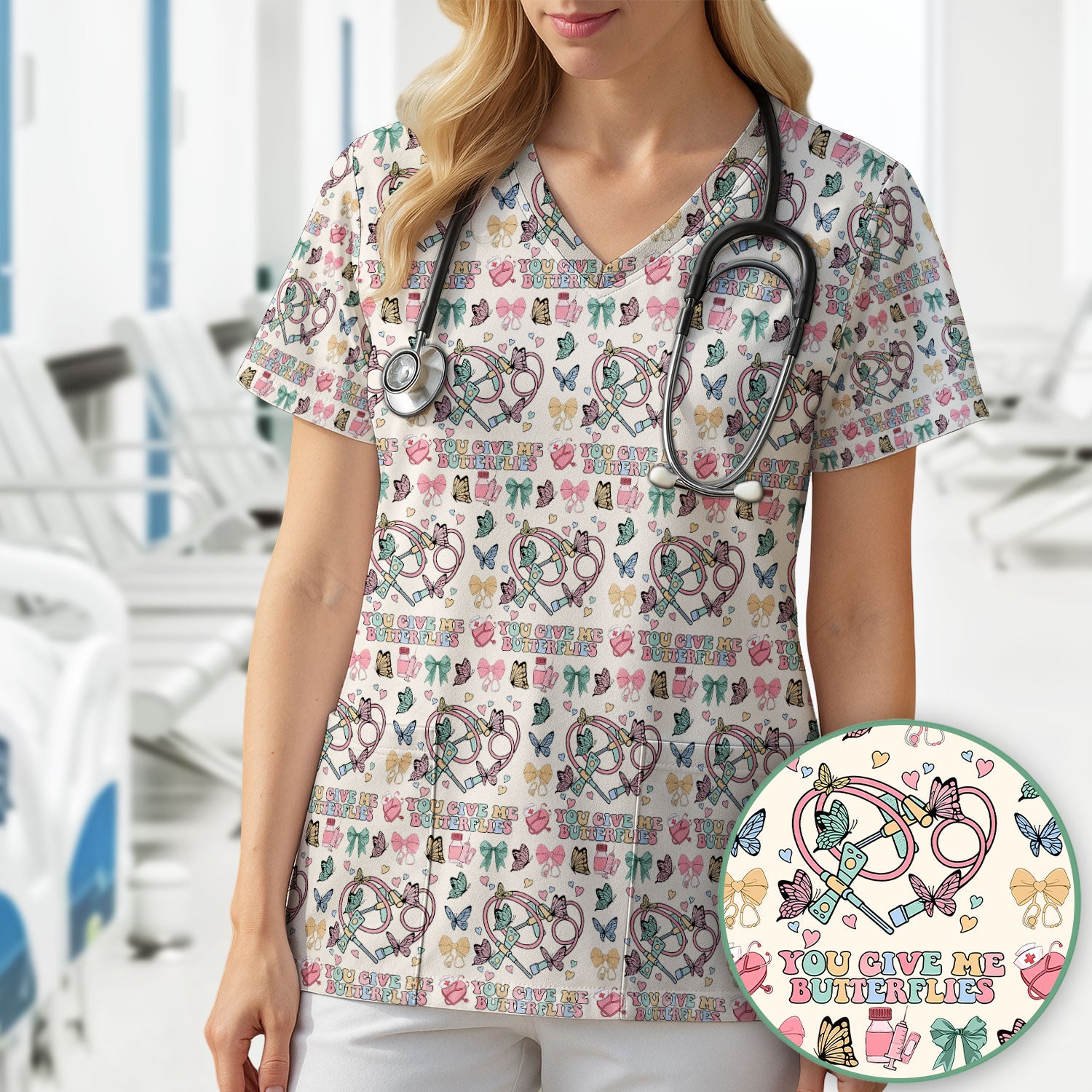 Butterfly Heart Valentine Medical Pattern Scrub Top, Comfortable Scrubs for Nurses