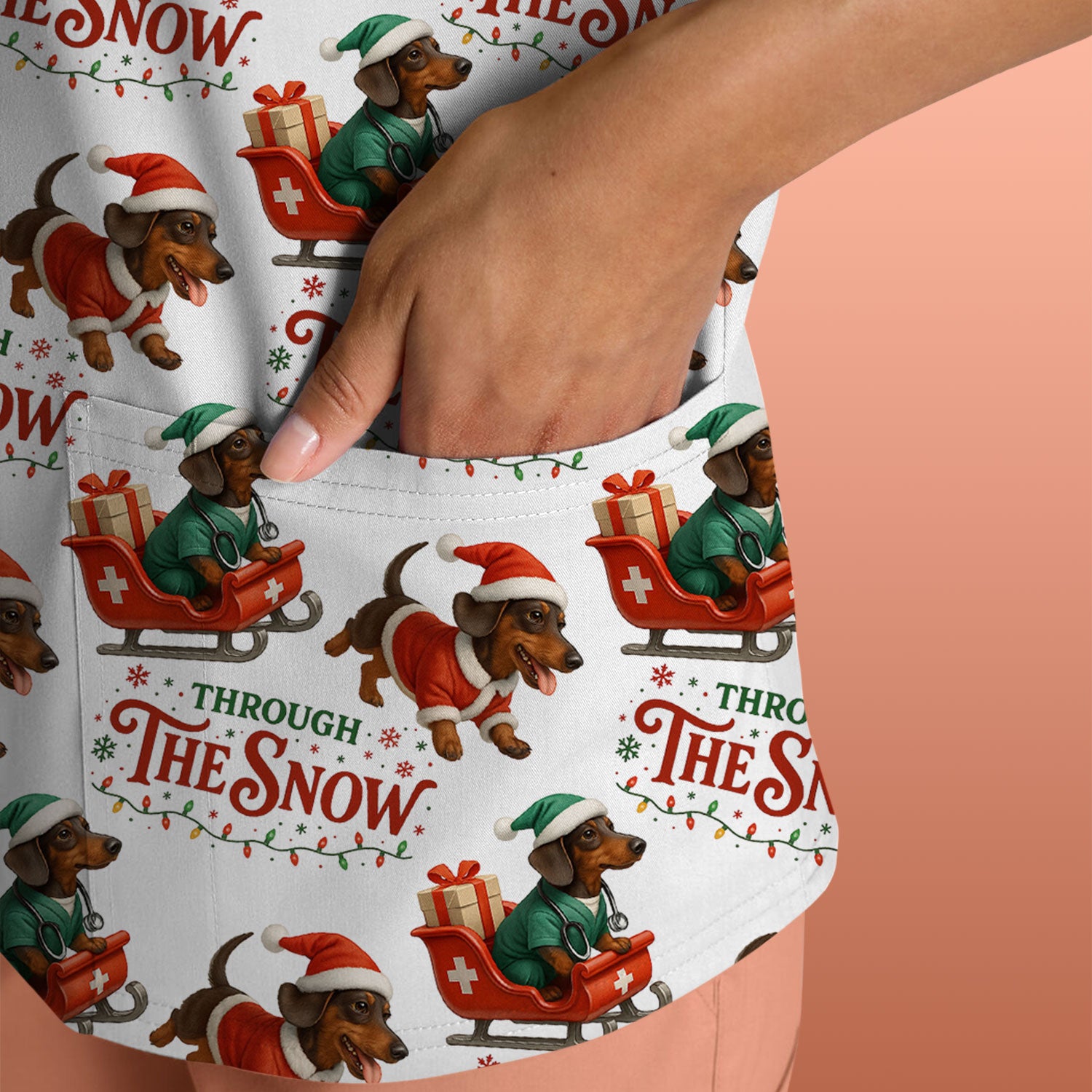 Dachshund Christmas Scrub Top, Cute Dog Nurse Scrub Shirt, Through The Snow Pattern Nursing Uniform