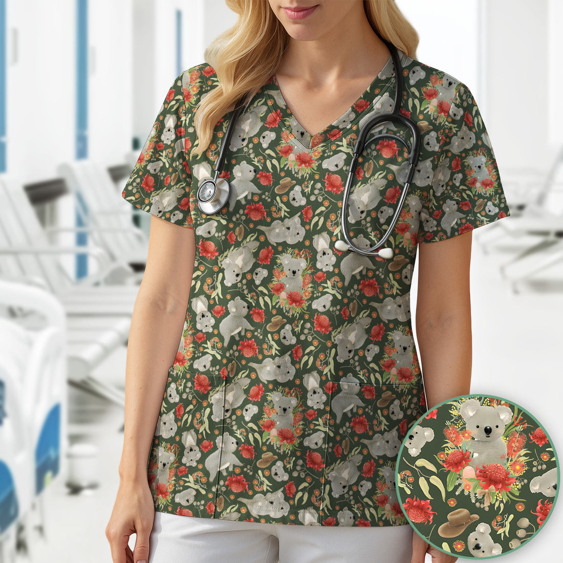 Cute Koala Wildflower Pattern Scrub Top, Comfortable Scrubs for Nurses
