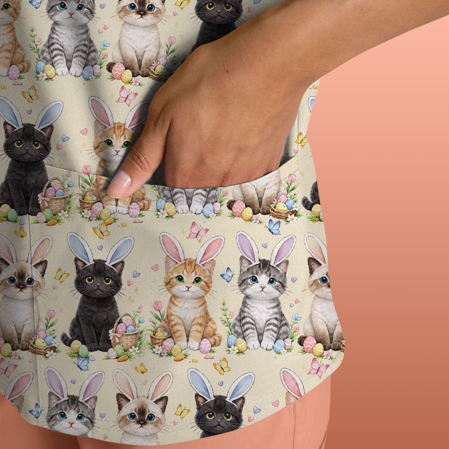Easter Kitten Bunny Ears Pattern Scrub Top, Comfortable Scrubs for Nurses