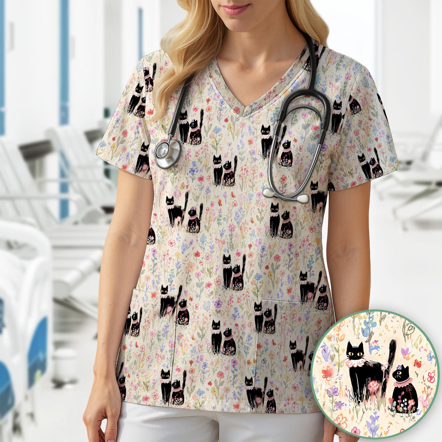 Cute Black Cats Wildflower Garden Pattern Scrub Top, Comfortable Scrubs for Nurses