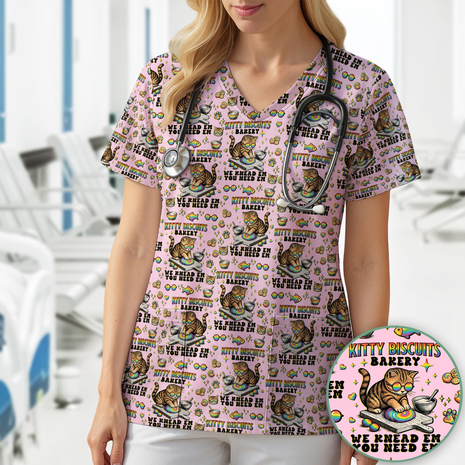 Pride Nurse Cat Baking Rainbow Dough Pattern Scrub Top, Breathable Fabrics Nursing Uniform