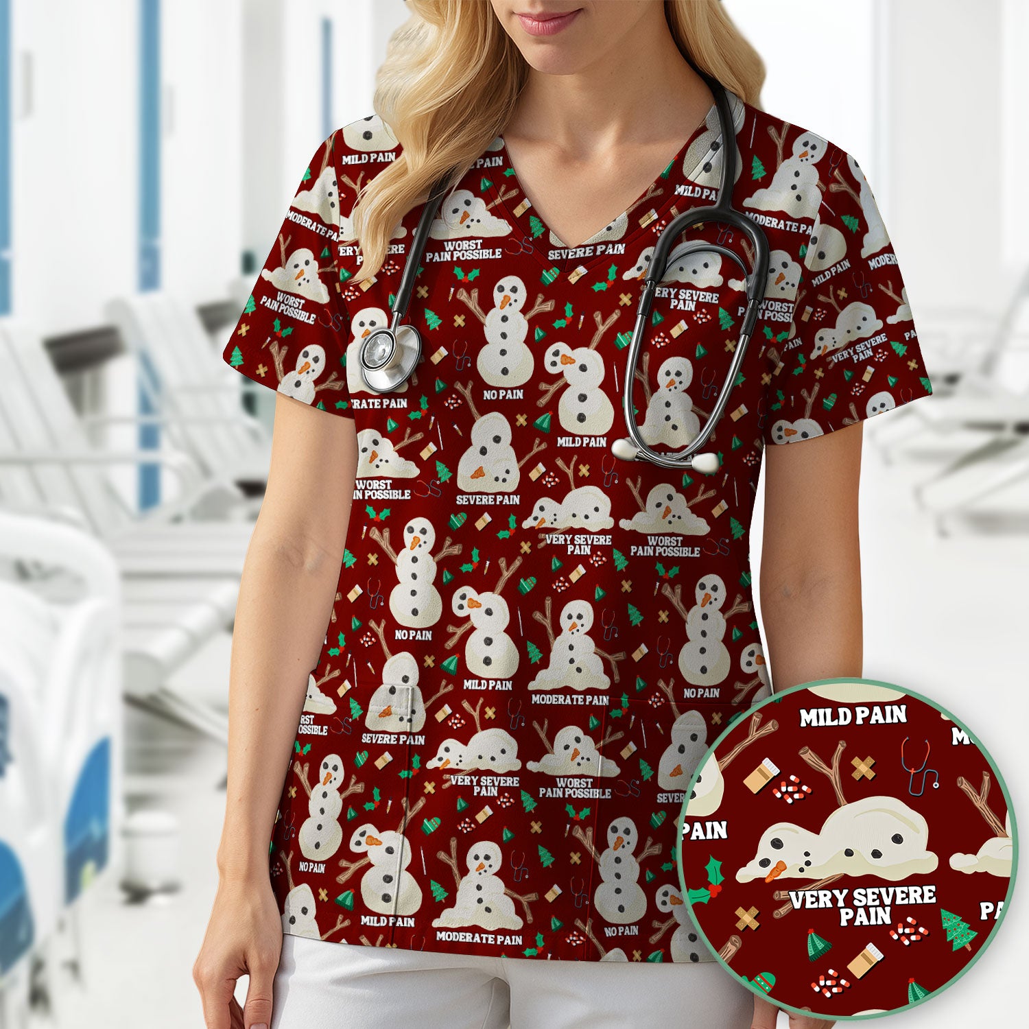 Funny Snowman Pain Scale Scrub Top for Nurse - Christmas Medical Shirt for Women RN LPN CNA - Cute Winter Nursing Uniform