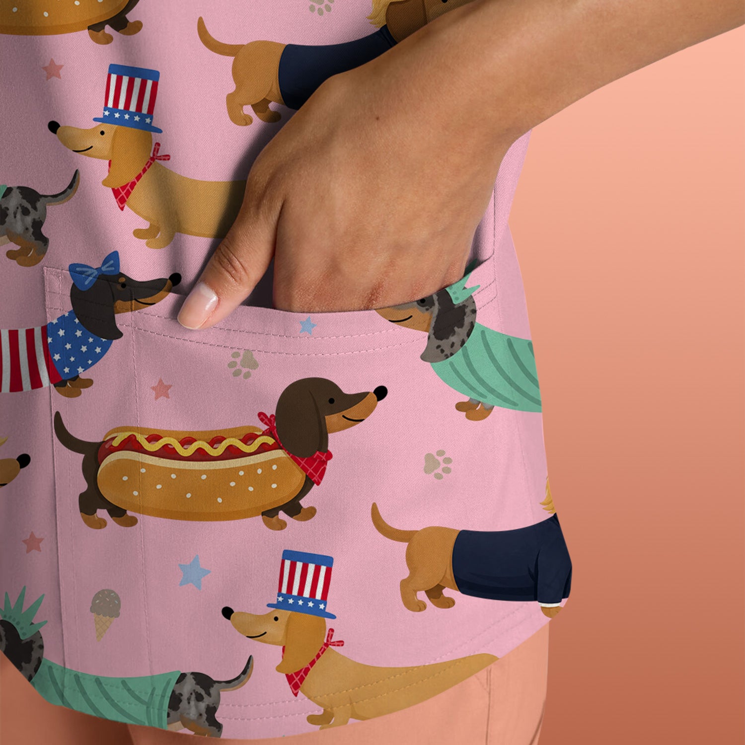 Funny Patriotic Dachshund Costume Dogs Pattern Scrub Top, Breathable Fabrics Nursing Uniform