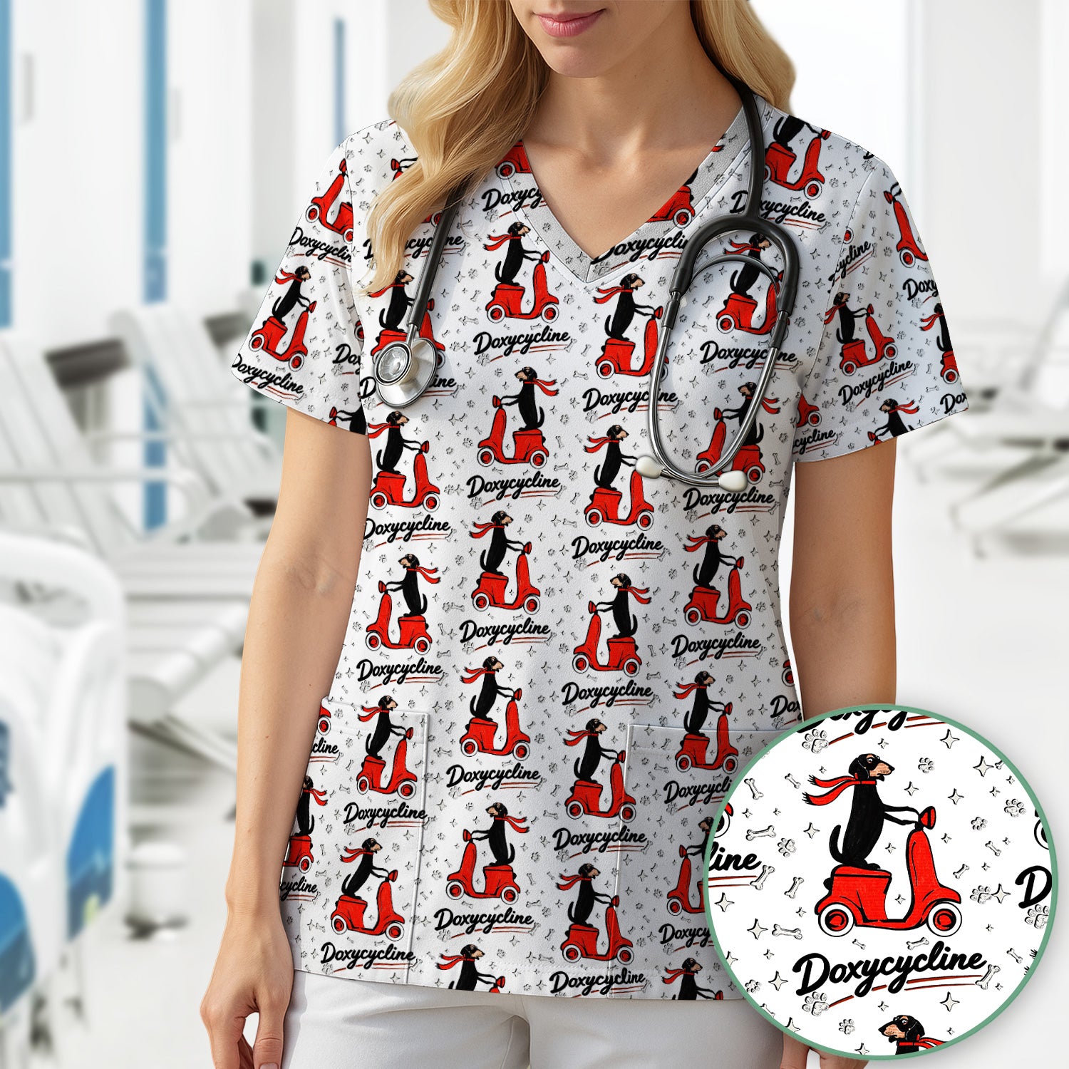 Funny Dachshund Riding Scooter Doxycycline Print Scrub Top ,Comfortable Scrubs for Nurses