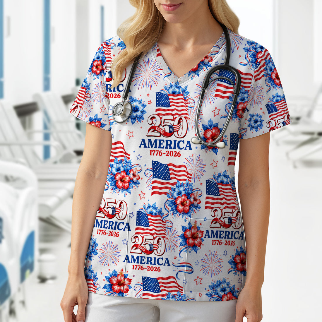 America 250 with Flag Firework Pattern Scrub Top, Comfortable Scrubs for Nurses