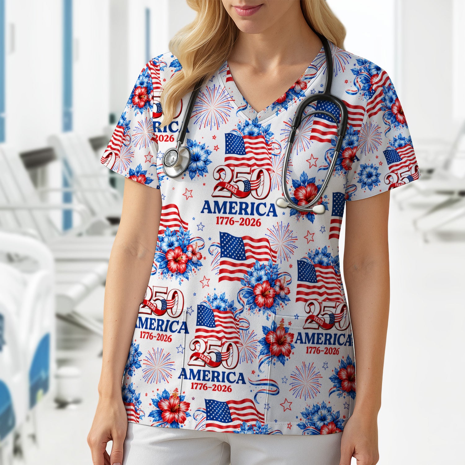 America 250 with Flag Firework Pattern Scrub Top, Comfortable Scrubs for Nurses