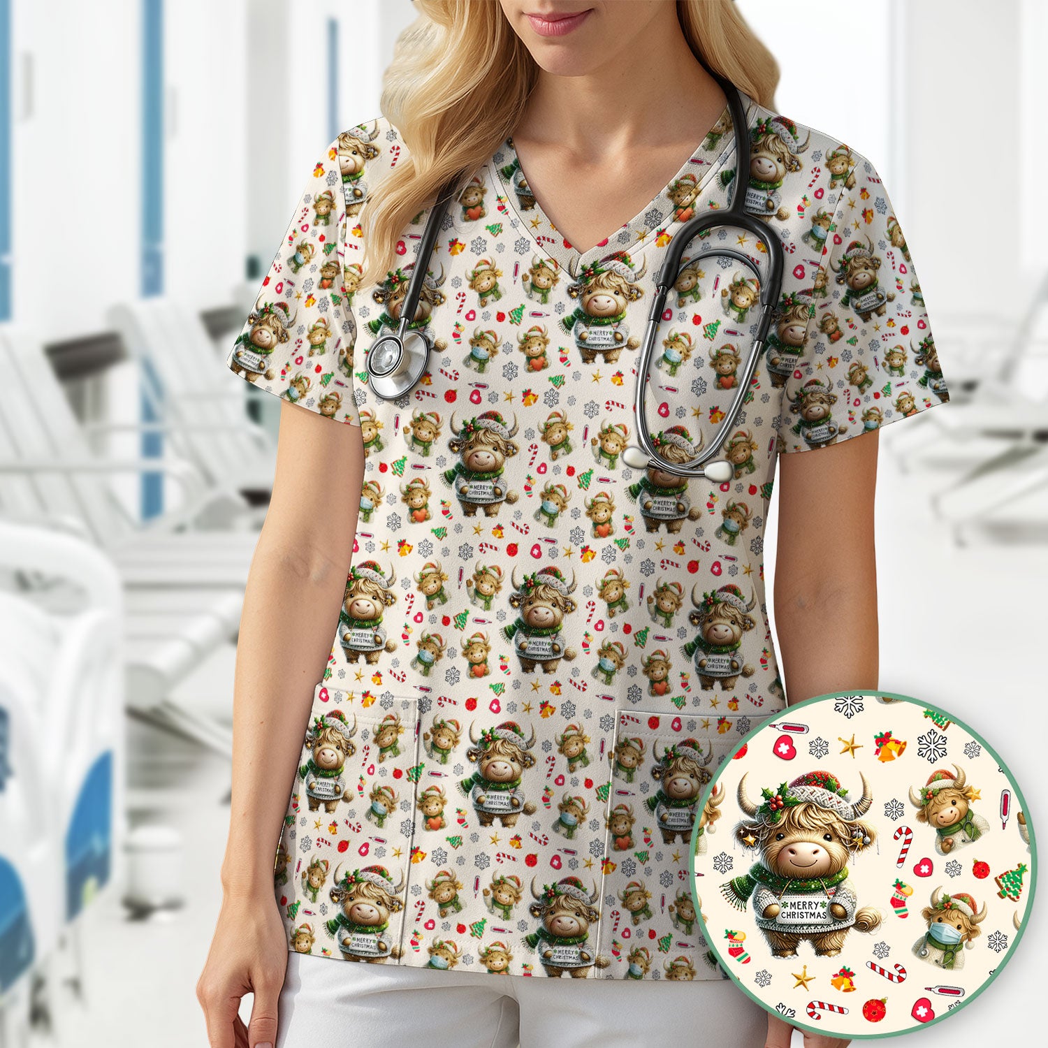 Highland Cow Christmas Scrub Top, Festive Cow Nurse Shirt With Holiday Pattern, Cute Medical Uniform For Women
