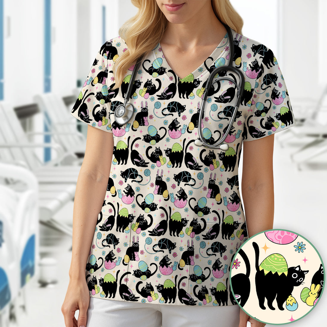 Funny Easter Black Cat Egg Pattern Scrub Top, Breathable Fabrics Nursing Uniform