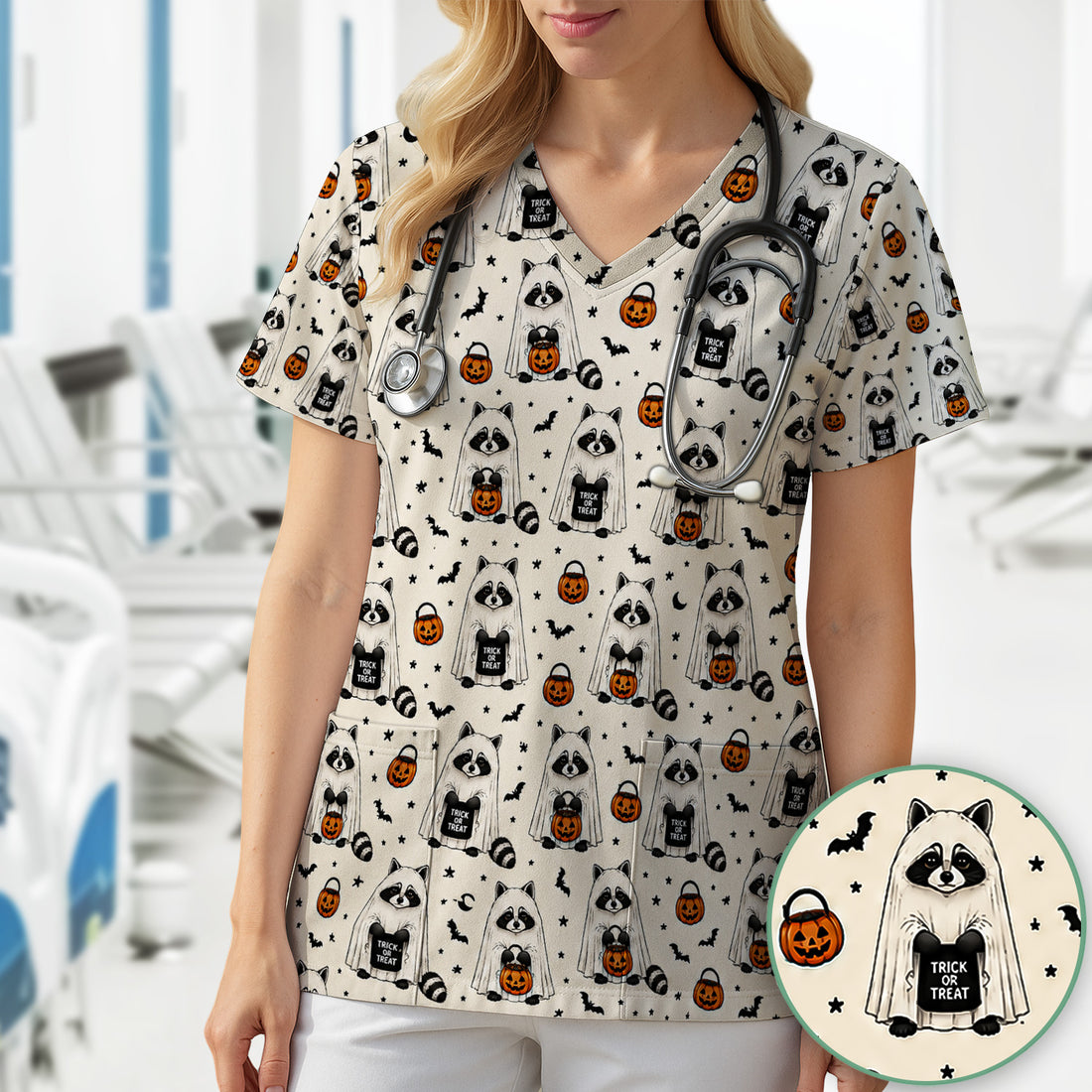 Cute Halloween Ghost Raccoon Scrub Top, Comfortable Scrubs for Nurses