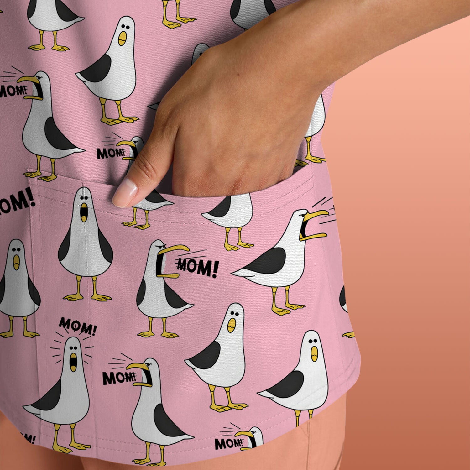 Funny Seagull Mom Seamless Pattern Scrub Top, Comfortable Scrubs for Nurses