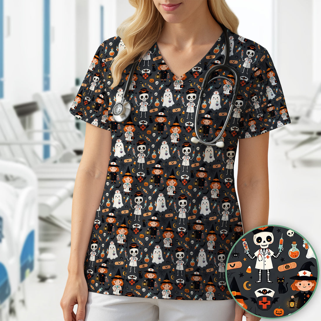 Halloween Witch And Skeleton Nurse Scrub Top, Comfortable Scrubs for Nurses