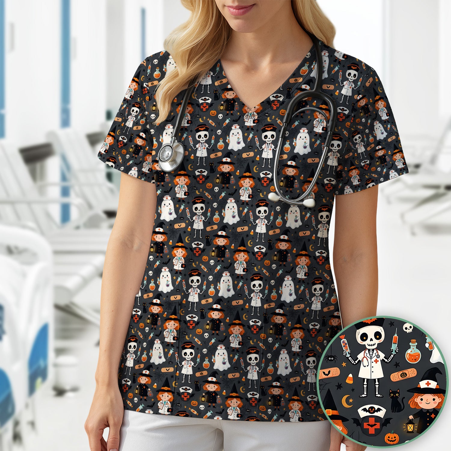 Halloween Witch And Skeleton Nurse Scrub Top, Comfortable Scrubs for Nurses
