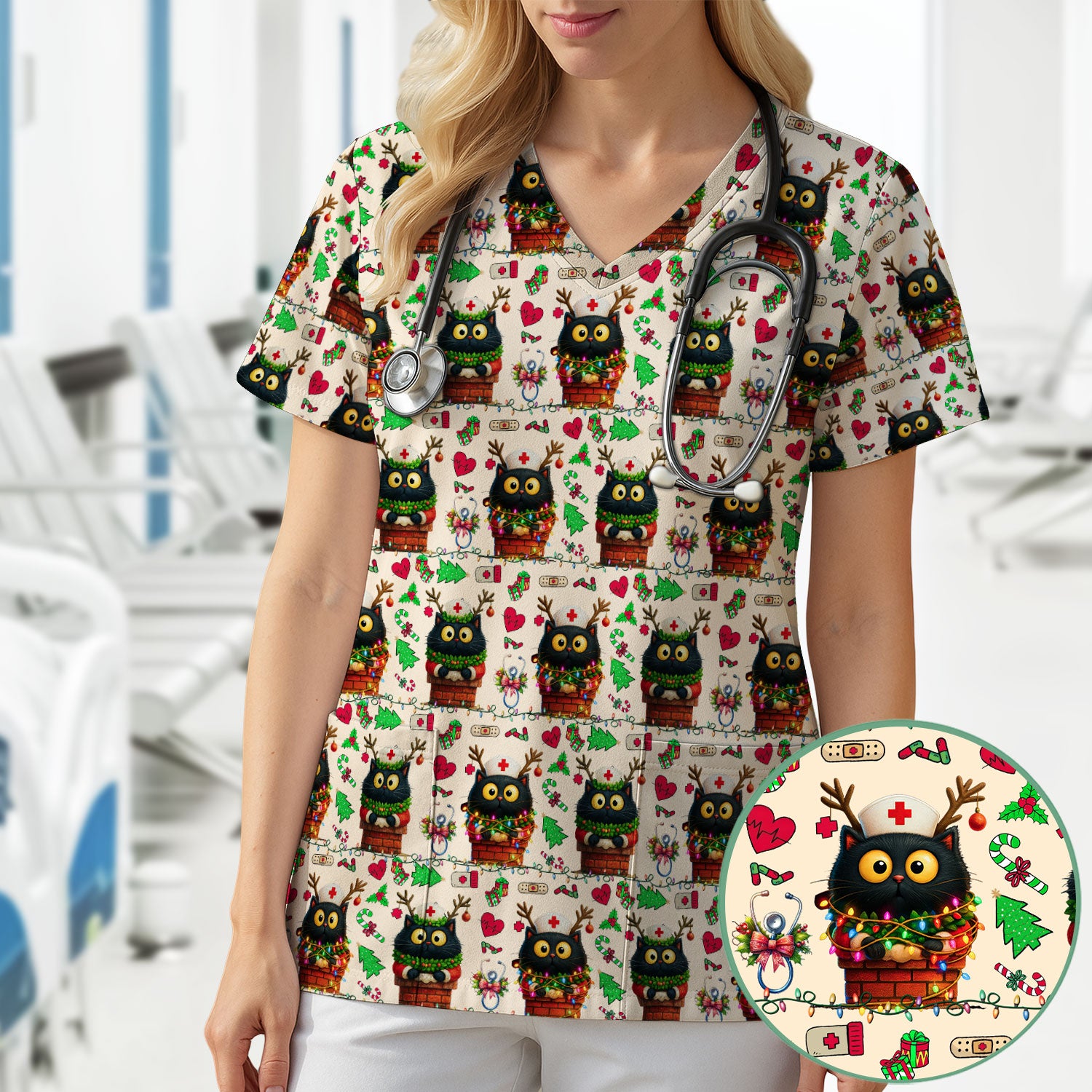 Funny Black Cat Scrub Top for Nurse - Cute Reindeer Cat with Christmas Lights Shirt - Festive Holiday Medical Gift for RN CNA LPN