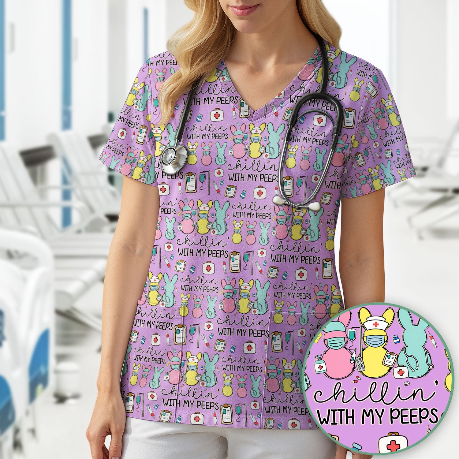 Cute Bunny Nurse Chillin With My Peeps Scrub Top, Comfortable Scrubs for Nurses, Easter