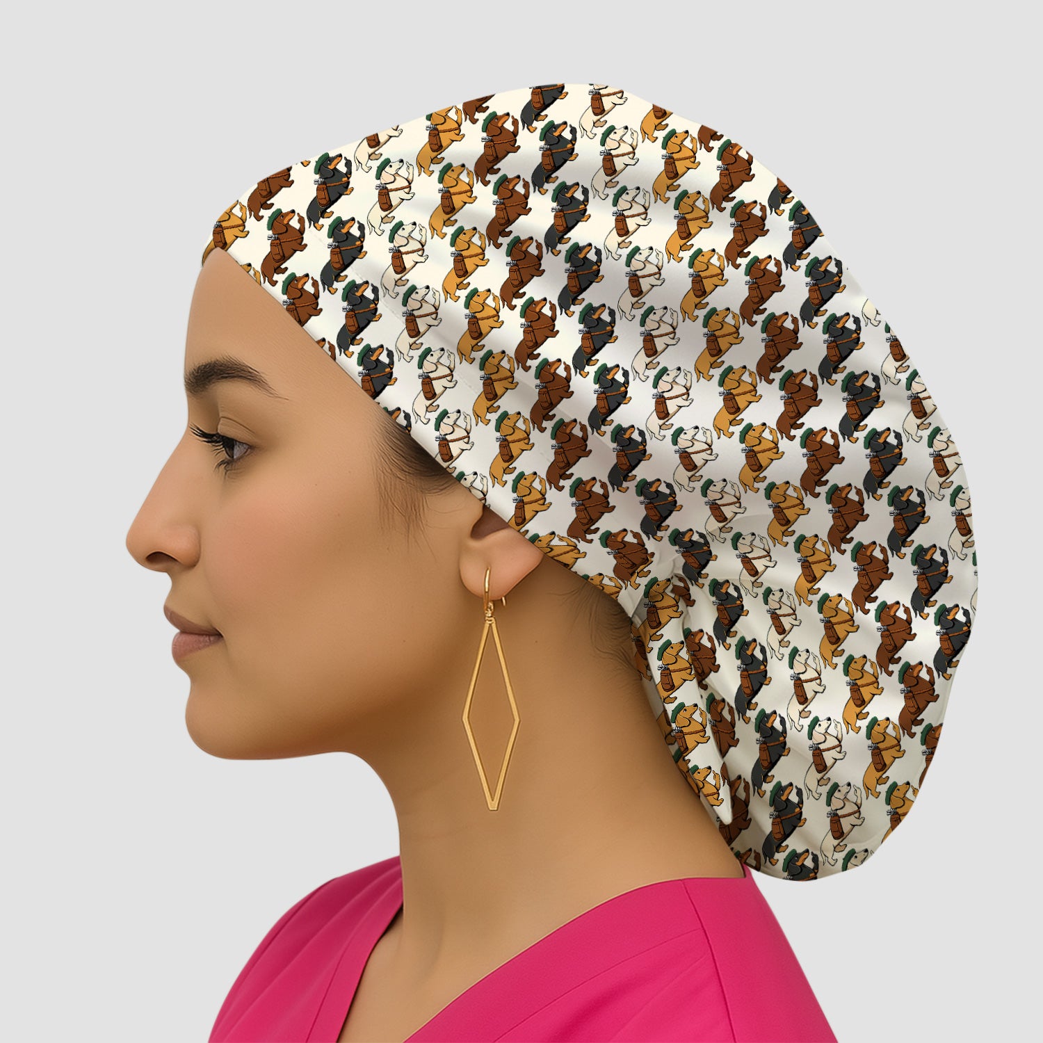 Cartoon Dachshund Dog Wearing Hat And Backpack Pattern Scrub Cap, Surgical Caps for Doctors