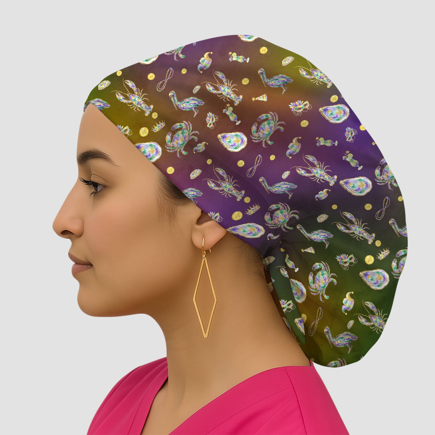 Mardi Gras Seafood Nurse Scrub Cap, Comfortable Uniform Scrubs For Nursing