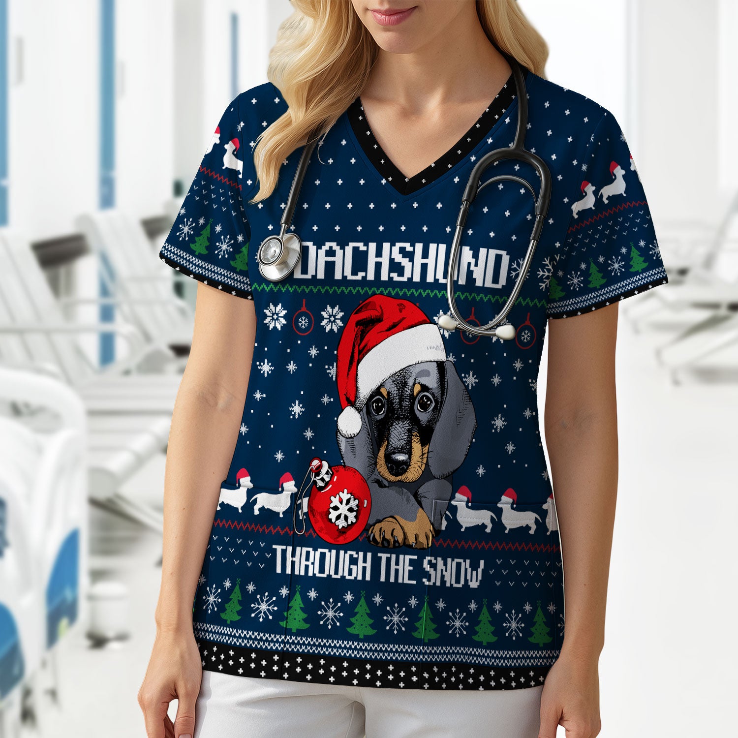 Dachshund Christmas Scrub Top - Funny Sausage Dog Nurse Shirt - Cute Holiday Scrubs for Women RN LPN CNA Gift