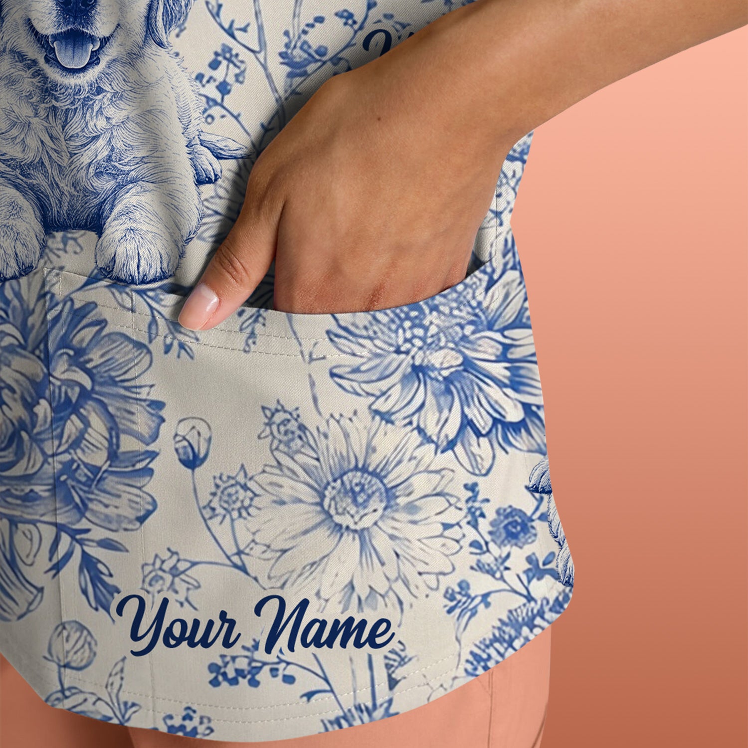 Personalized Custom Pet Photo Name Floral Pattern Scrub Top, Breathable Fabrics Nursing Uniform