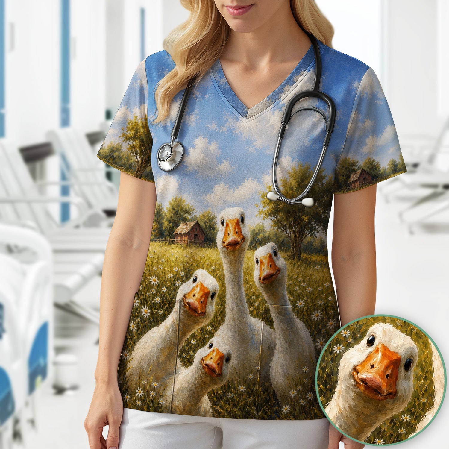 Cute Farmhouse Goose Meadow Pattern Scrub Top, Comfortable Scrubs for Nurses