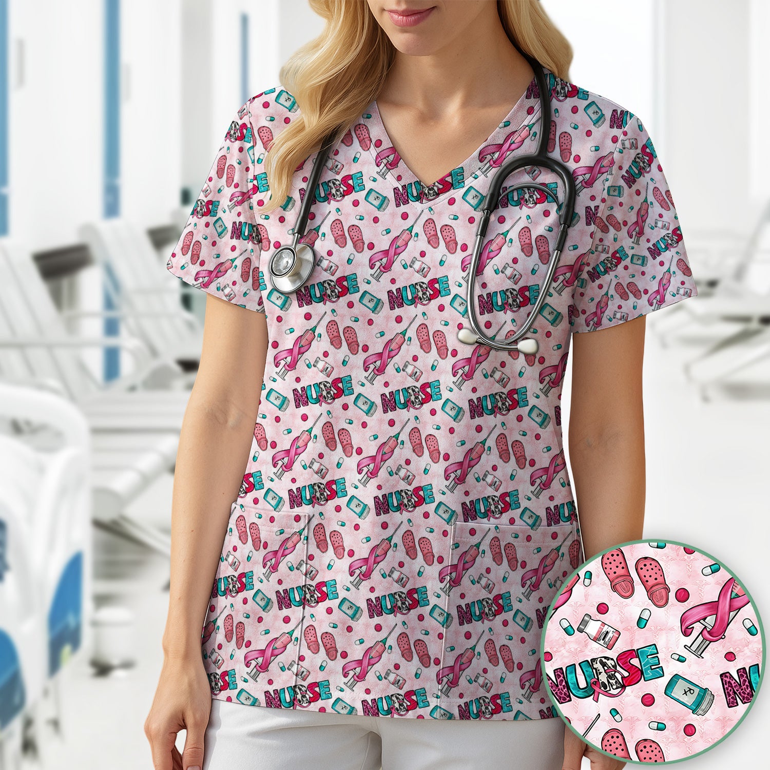 Pink Ribbon with Recovery Print Scrub Top, Comfortable Scrubs for Nurses
