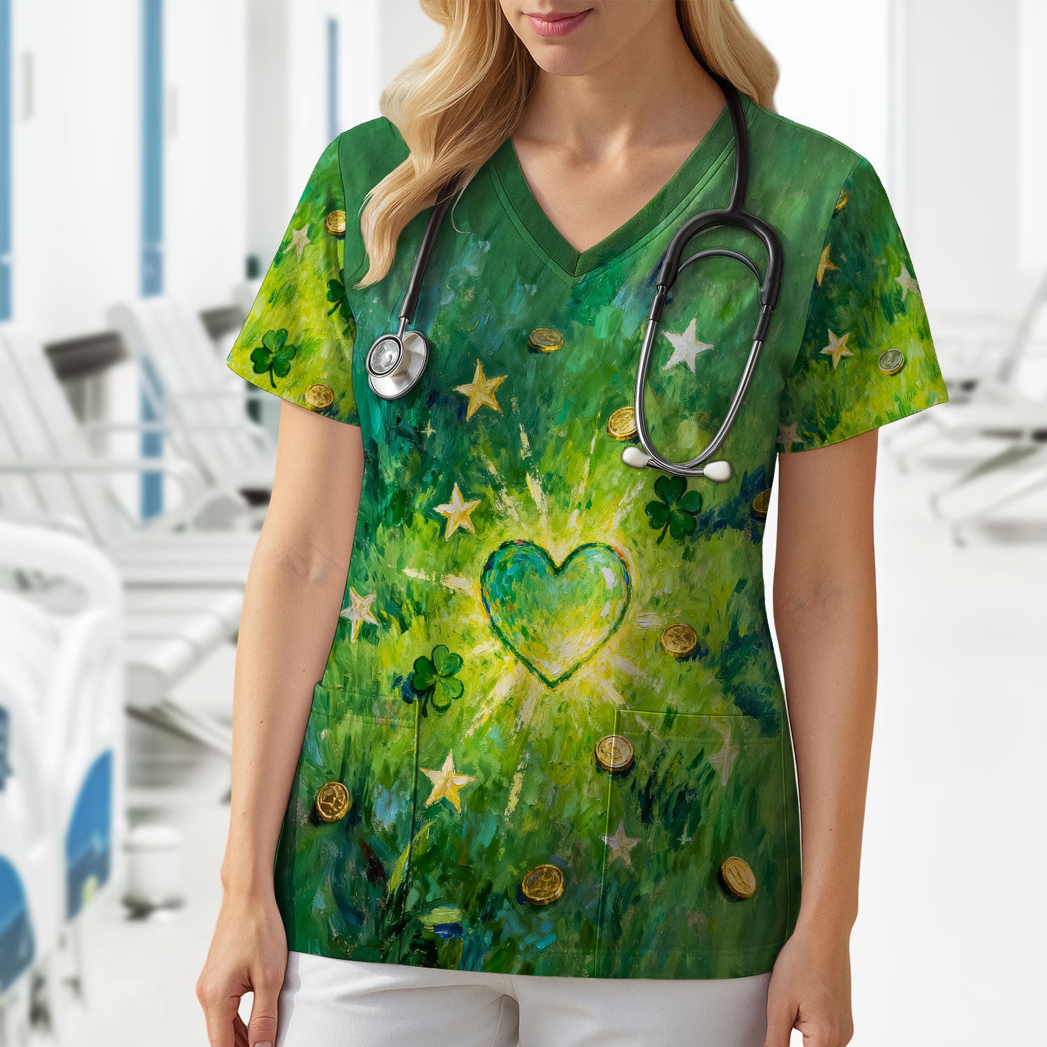 St. Patrick Lucky Shamrock Heart Scrub Top, Comfortable Scrubs for Nurses