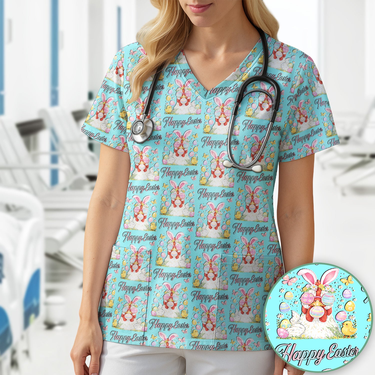 Happy Easter Bunny Eggs Pattern Scrub Top, Comfortable Scrubs for Nurses