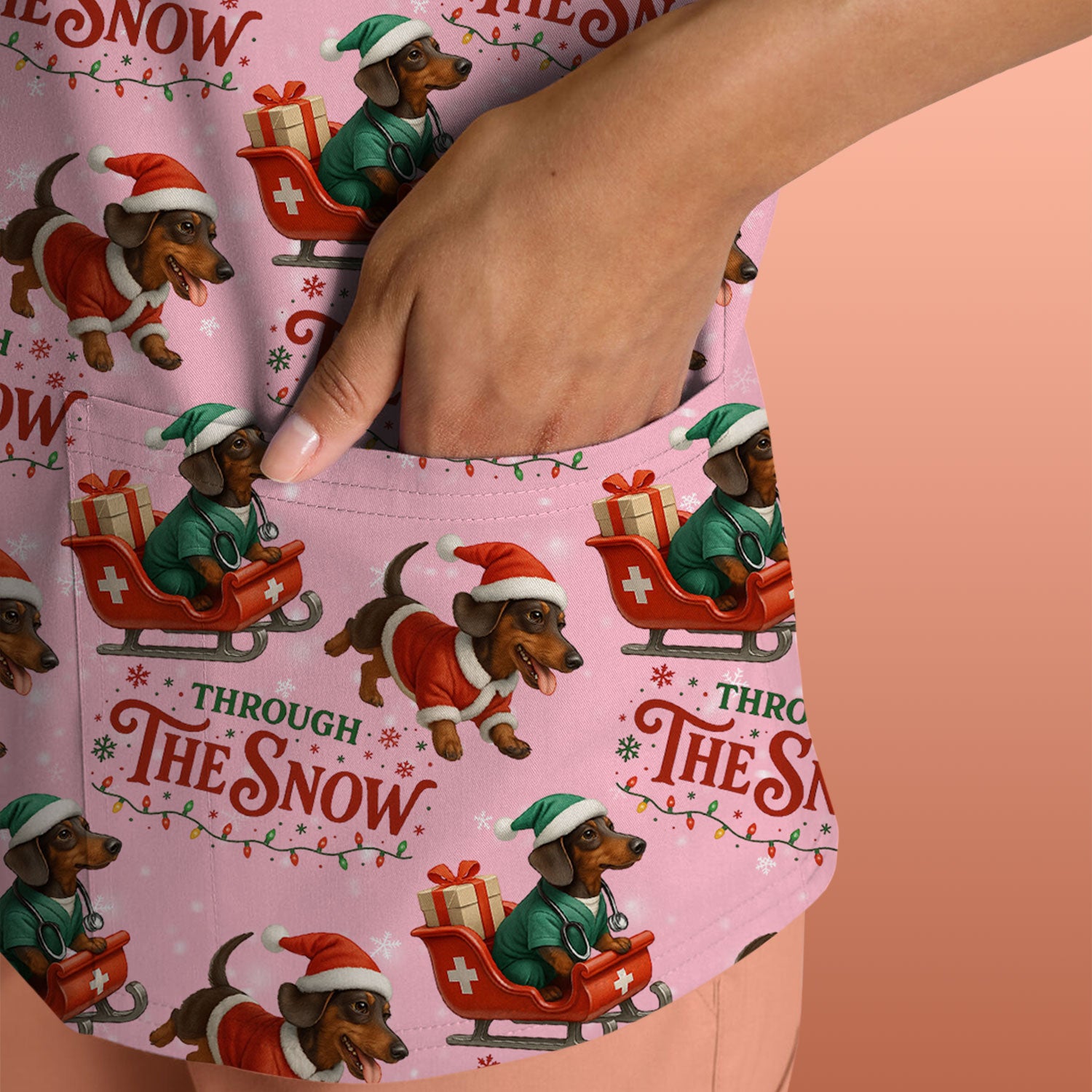Dachshund Christmas Scrub Top, Cute Dog Nurse Scrub Shirt, Through The Snow Pattern Nursing Uniform