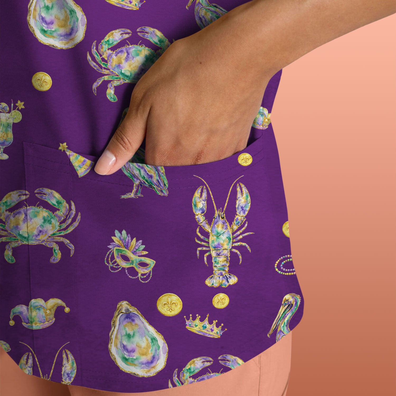 Mardi Gras Seafood Nurse Scrub Top, Comfortable Uniform Scrubs For Nursing