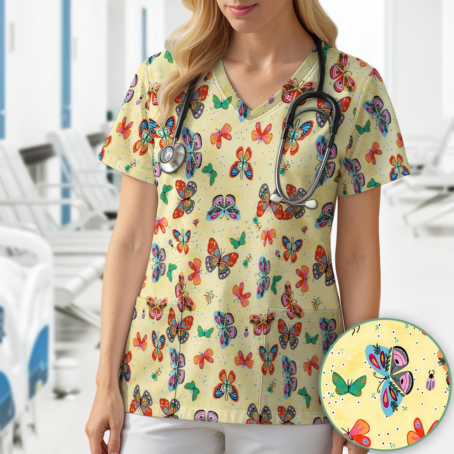 Colorful Butterfly Garden Pattern Scrub Top, Breathable Fabrics Nursing Uniform
