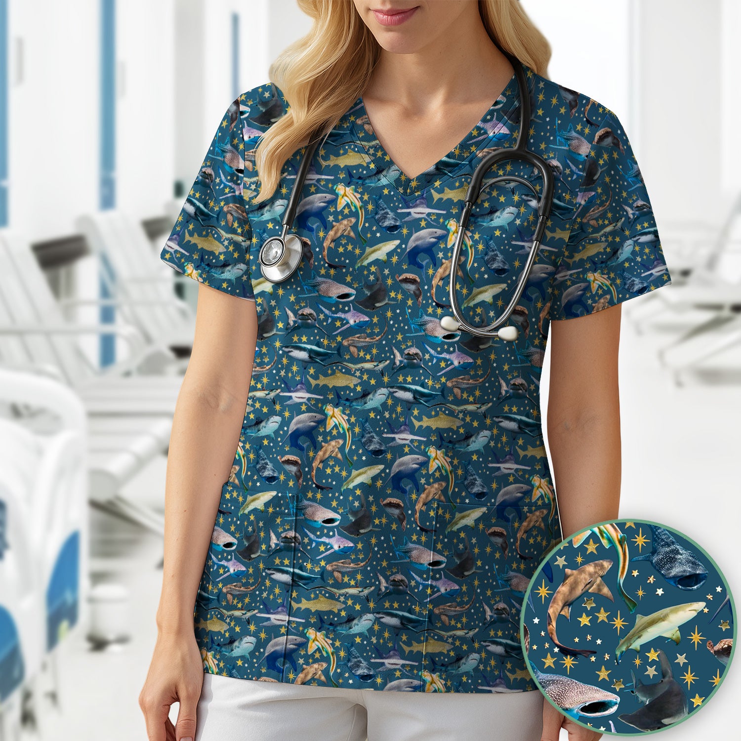 Colorful Shark Ocean Pattern Scrub Top, Breathable Fabrics Nursing Uniform