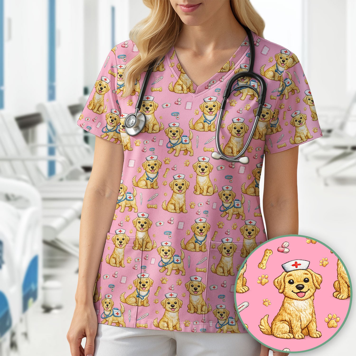 Cute Puppy Nurse Medical Print Scrub Top, Comfortable Scrubs for Nurses