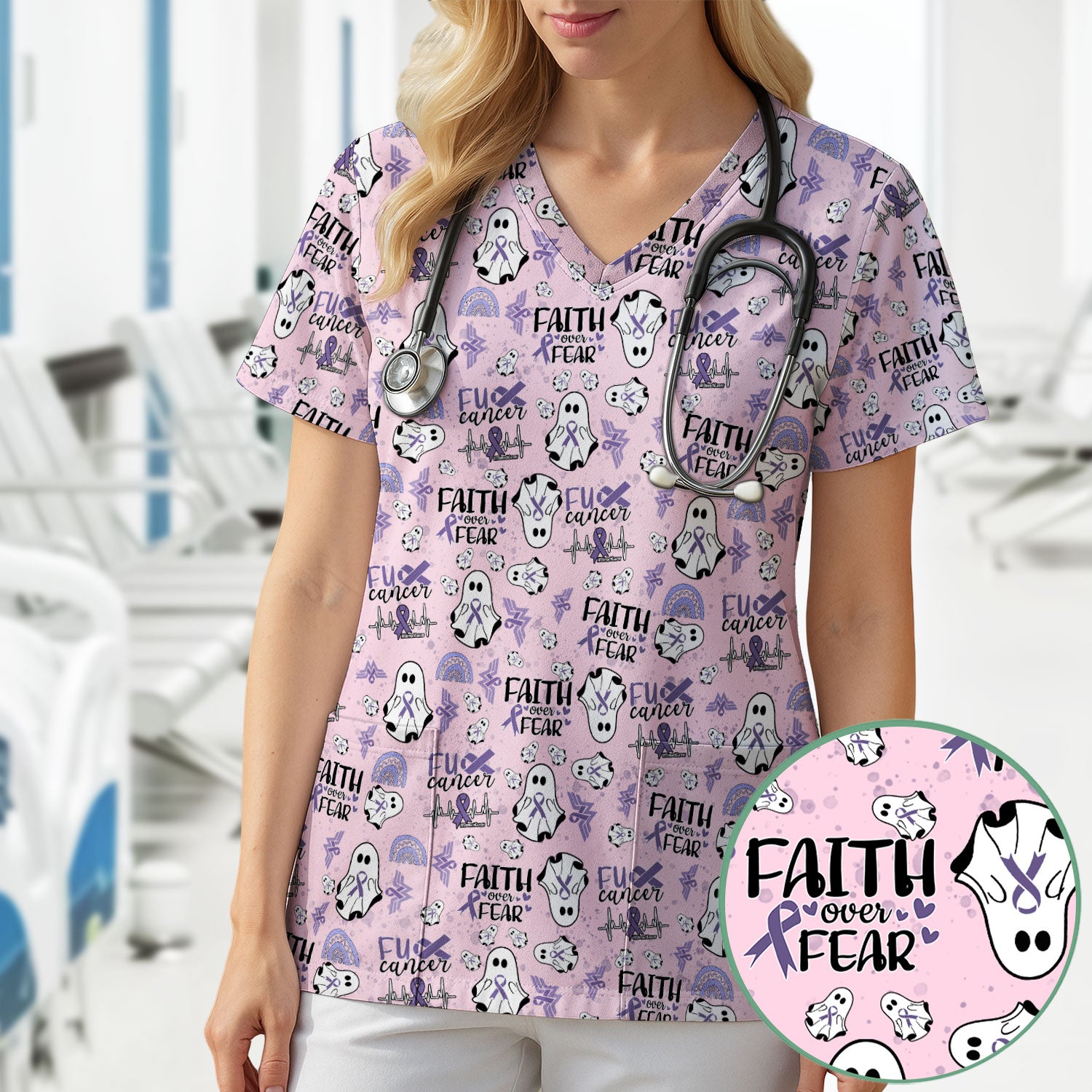 Stomach Cancer Awareness Scrub Top - Periwinkle Blue Ribbon Survivor Shirt - November Warrior Medical Uniform Gift for Women