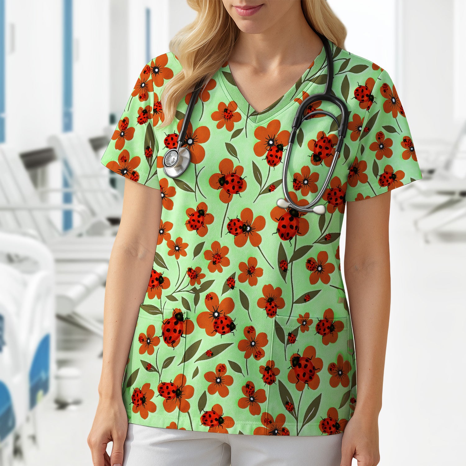 Ladybug on Orange Floral Garden Pattern Scrub Top, Comfortable Scrubs for Nurses