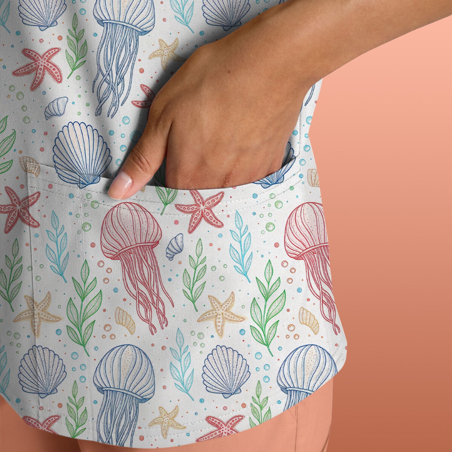 Cute Jellyfish Ocean World Pattern Scrub Top, Comfortable Scrubs for Nurses