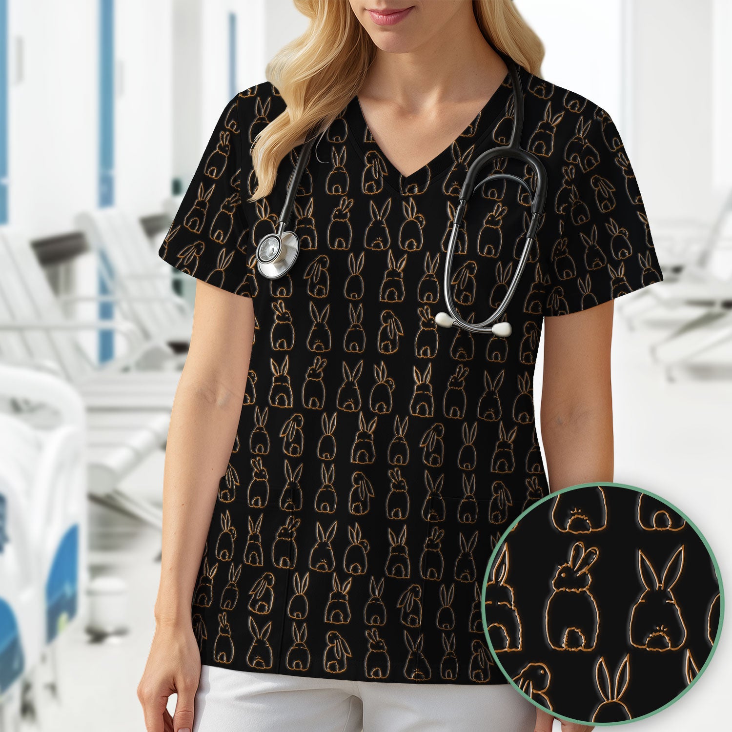 Cartoon Bunny Line Art Pattern Medical Scrub Top, Comfortable Scrubs for Nurses, Easter