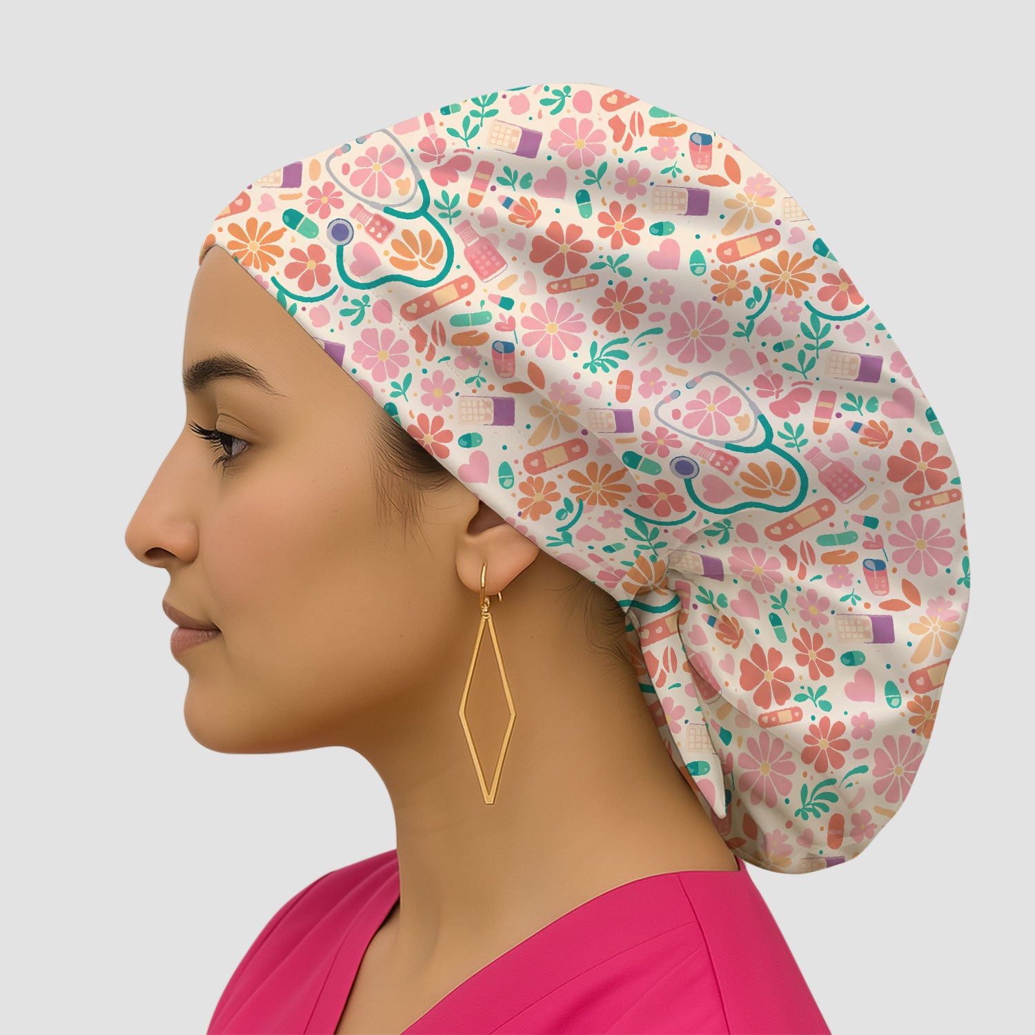 Cute Medical Floral Pattern Scrub Cap, Breathable Fabrics Caps Uniform