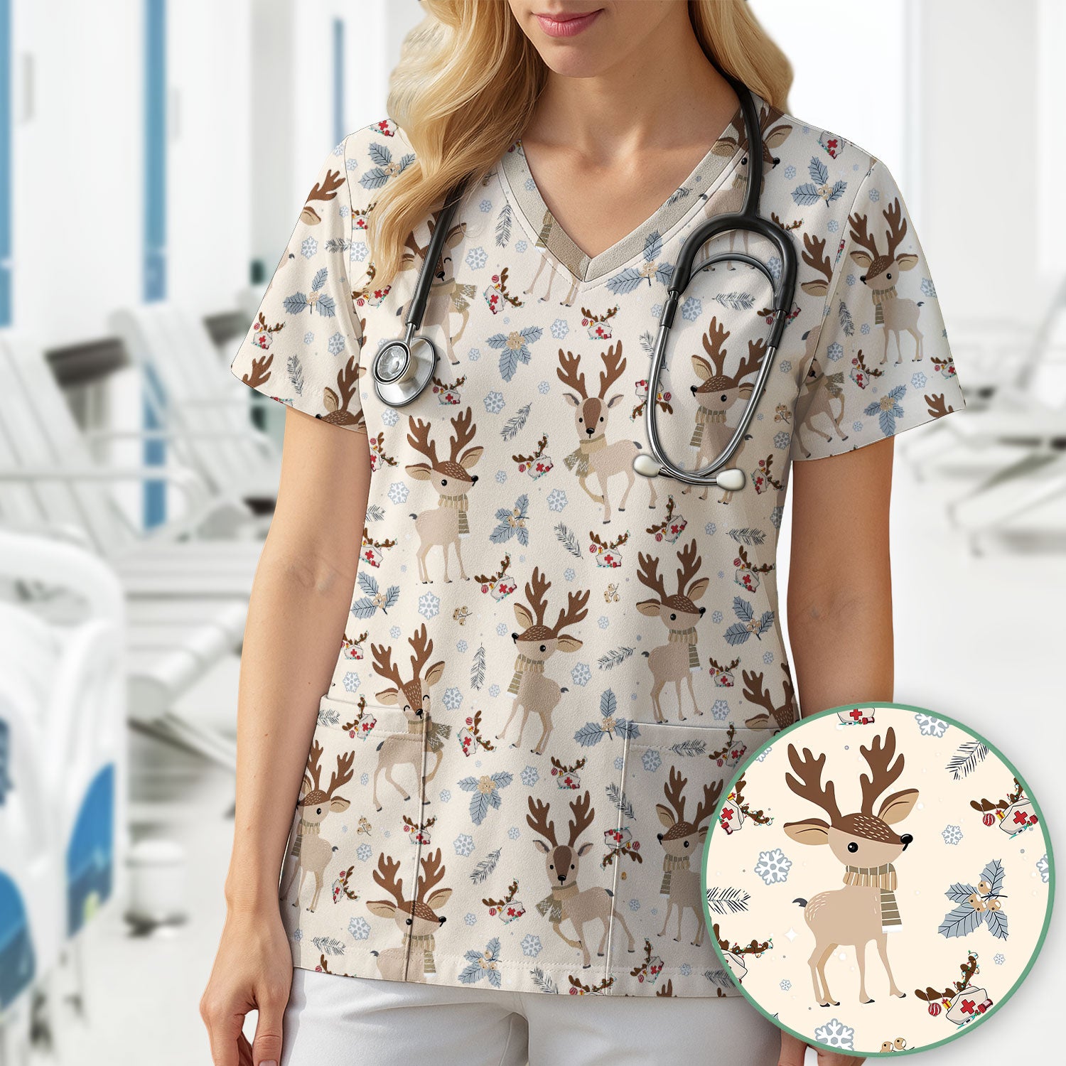 Reindeer Christmas Scrub Top - Cozy Beige Holiday Nurse Shirt with Cute Deer Pattern - Festive Medical Scrubs for Women RN CNA LPN