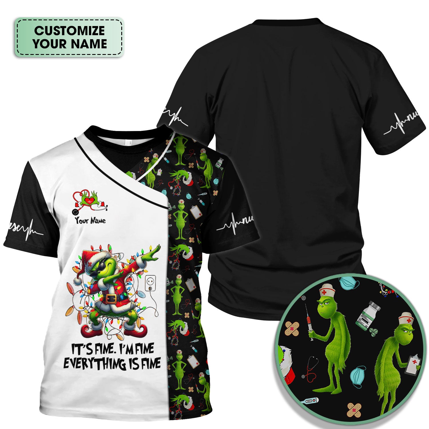 Funny Grinch Christmas Nurse Scrub - Everything Is Fine Shirt - Holiday Medical Uniform for Women - Xmas Gift for RN LPN CNA