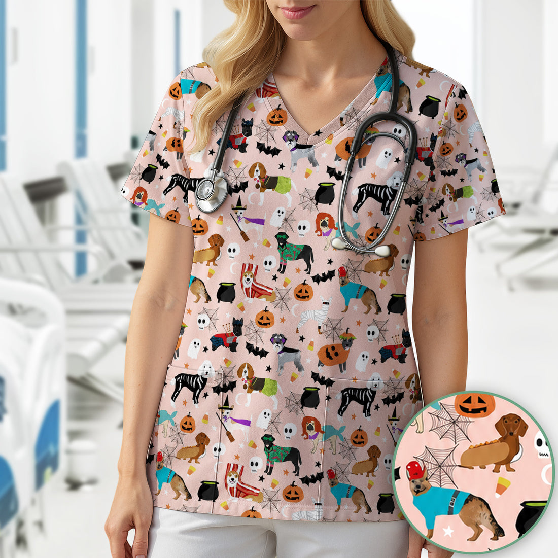 Halloween Costume Dogs Scrub Top, Comfortable Scrubs for Nurses