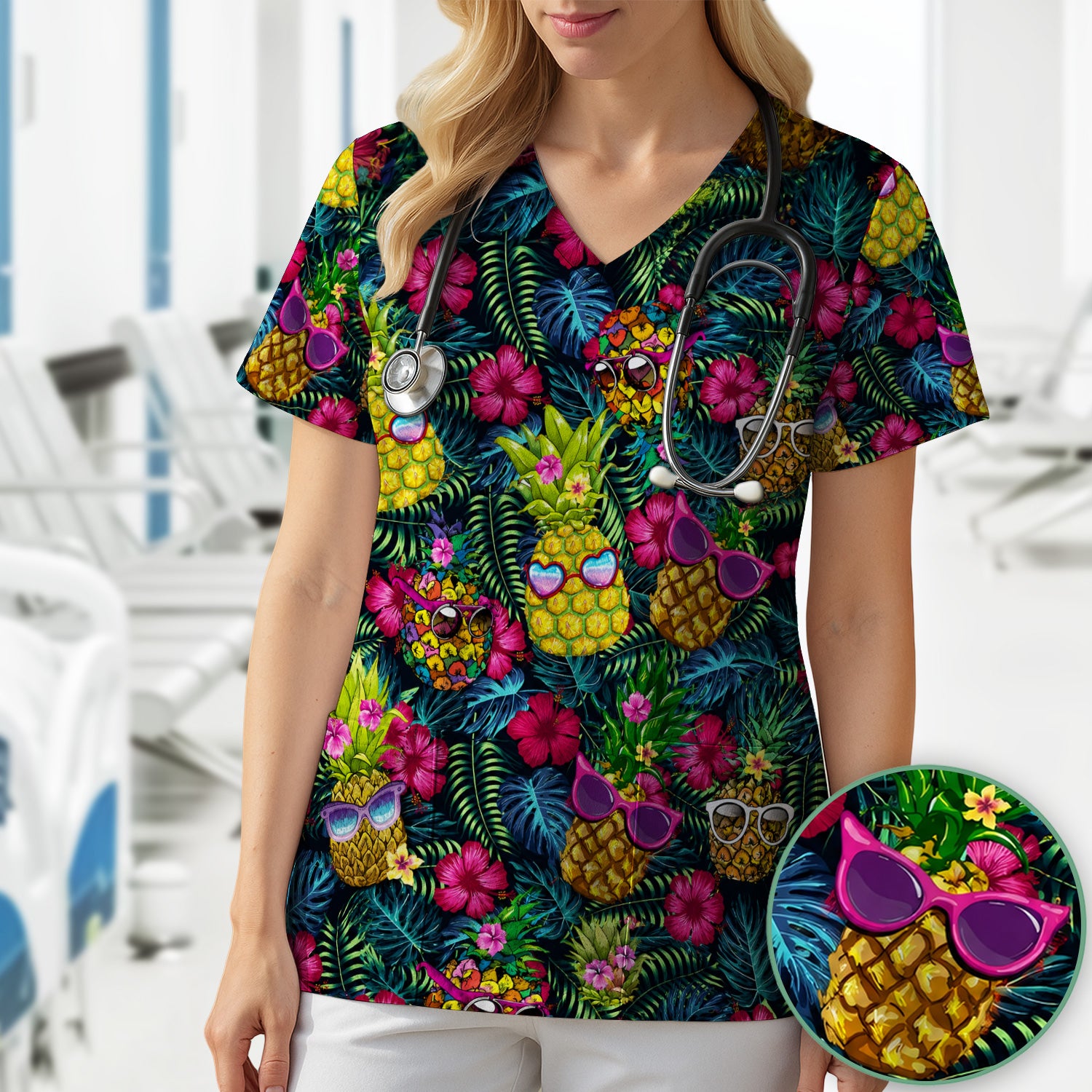 Cute Tropical Pineapple Sunglasses Pattern Scrub Top, Comfortable Scrubs for Nurses