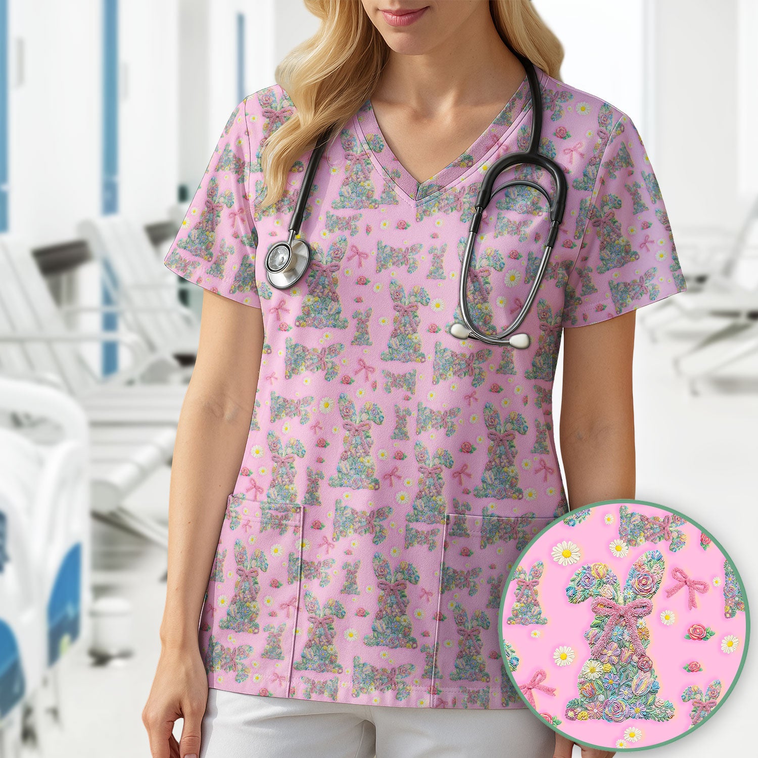 Colorful Floral Bunny with Pink Bow Pattern Scrub Top, Breathable Fabrics Nursing Uniform, Easter