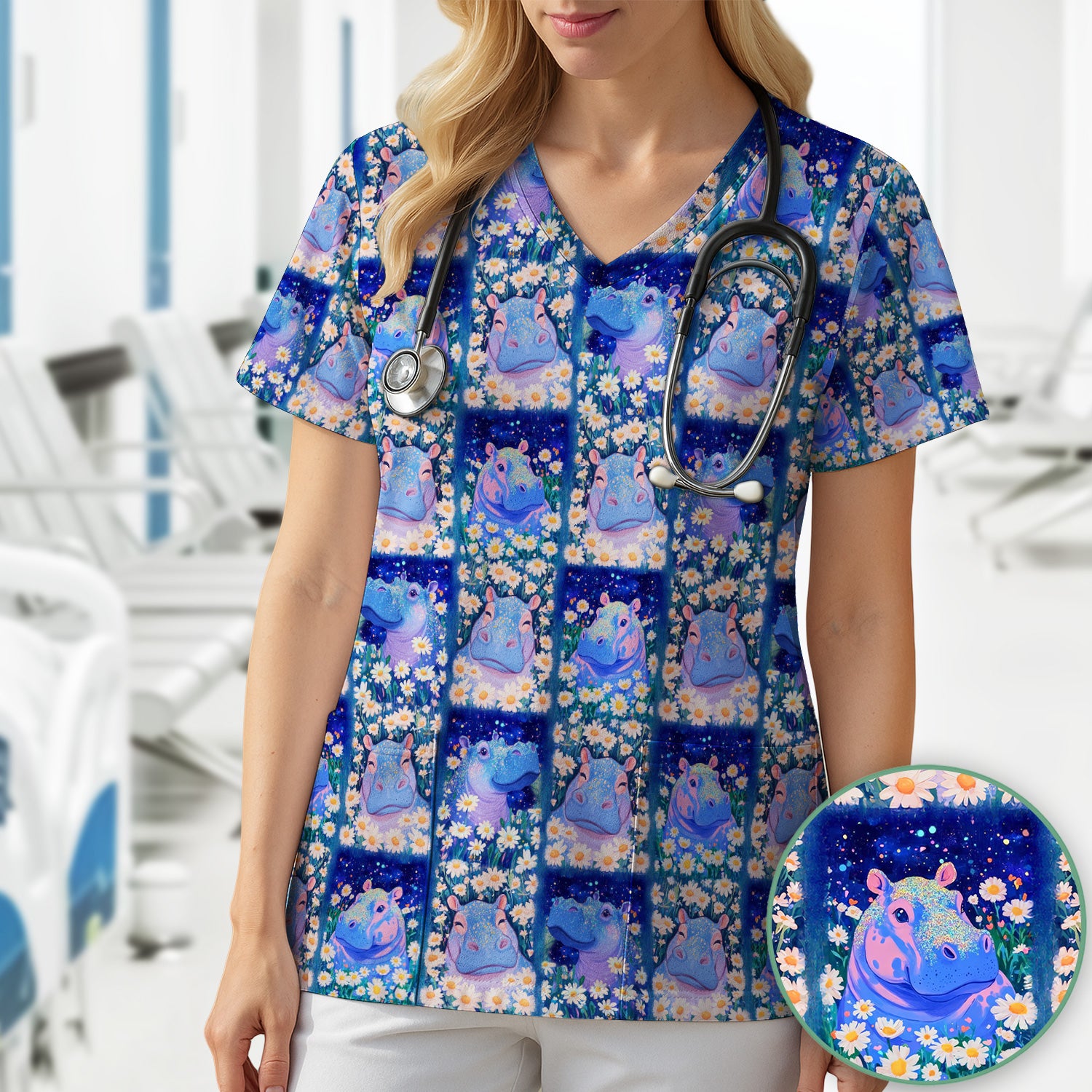 Cute Hippo Daisy Floral Patchwork Scrub Top, Breathable Fabrics Nursing Uniform